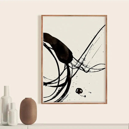 Set of Abstract Black and Beige Ink Canvas Wall Art