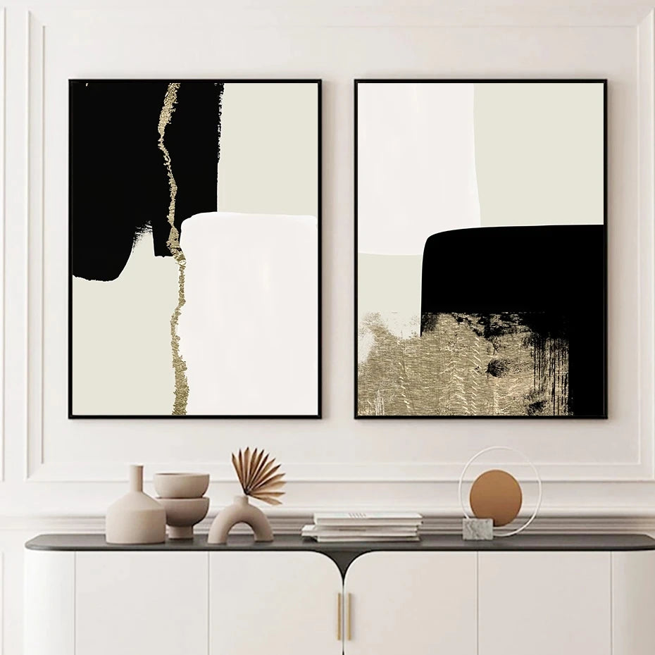 Abstract Modern Black Beige Gold Minimalist Wall Art