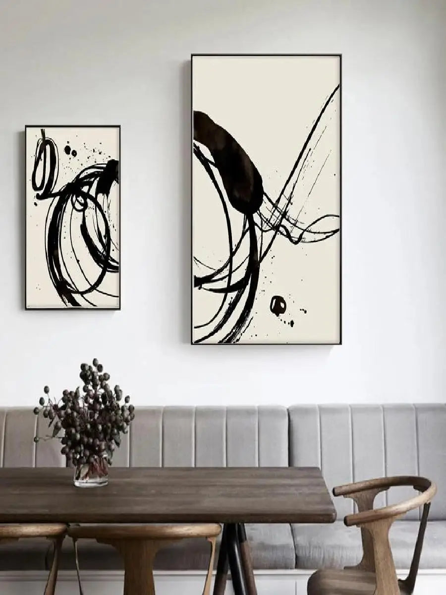 Set of Abstract Black and Beige Ink Canvas Wall Art