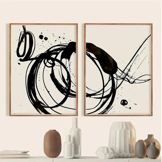 Set of Abstract Black and Beige Ink Canvas Wall Art